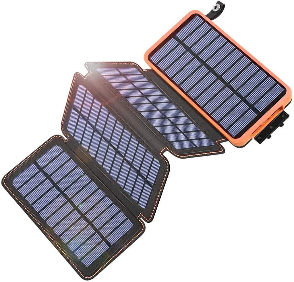 Black solar power bank with a solar panel, USB ports, an LED light, and a soft leather exterior.