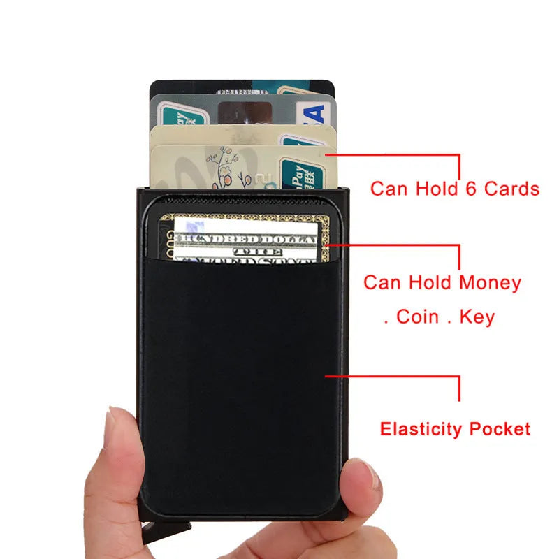 Slim aluminium alloy credit card holder with frosted finish in multiple colour options.
