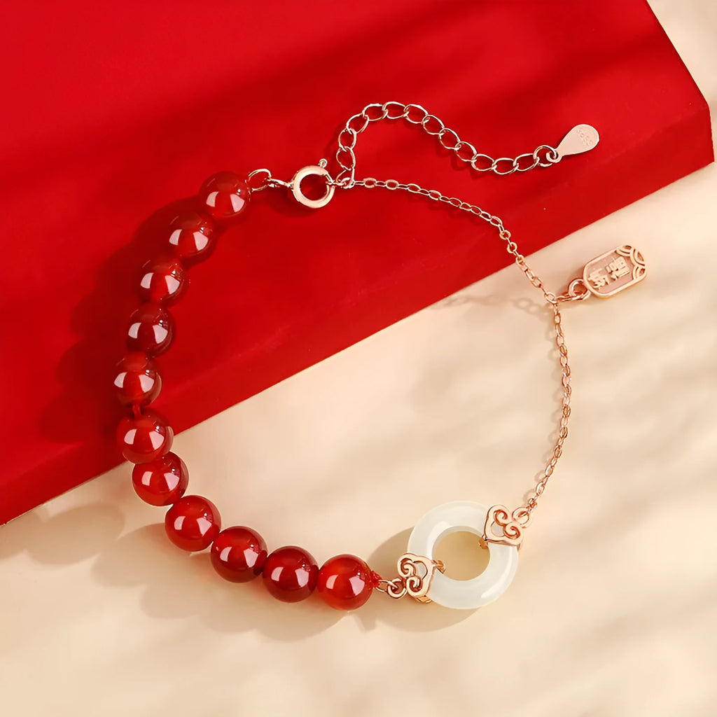 Women's sterling silver 925 bracelet with peace buckle, xiangyun, and fu character charms in silver colour S0269