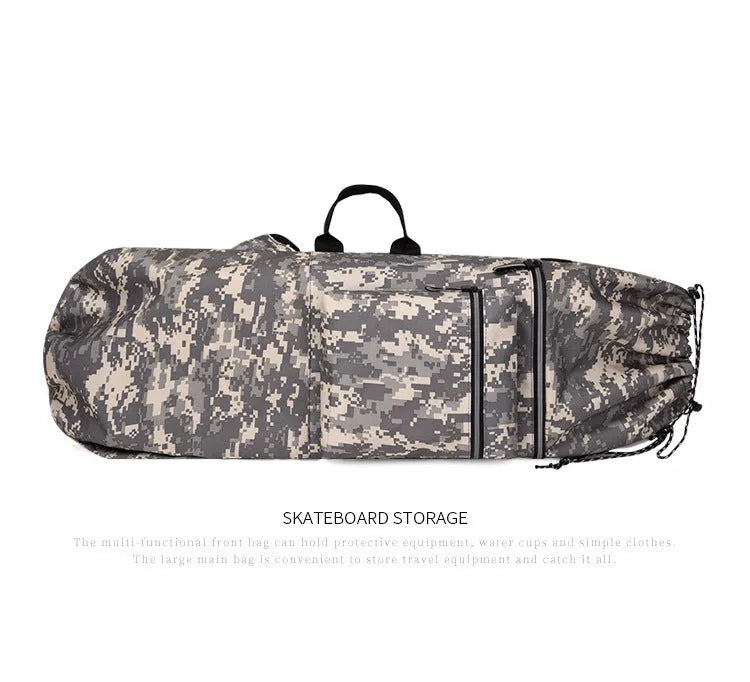 Black waterproof nylon bag for carrying a skateboard and fishing rod, shown with yoga mat.