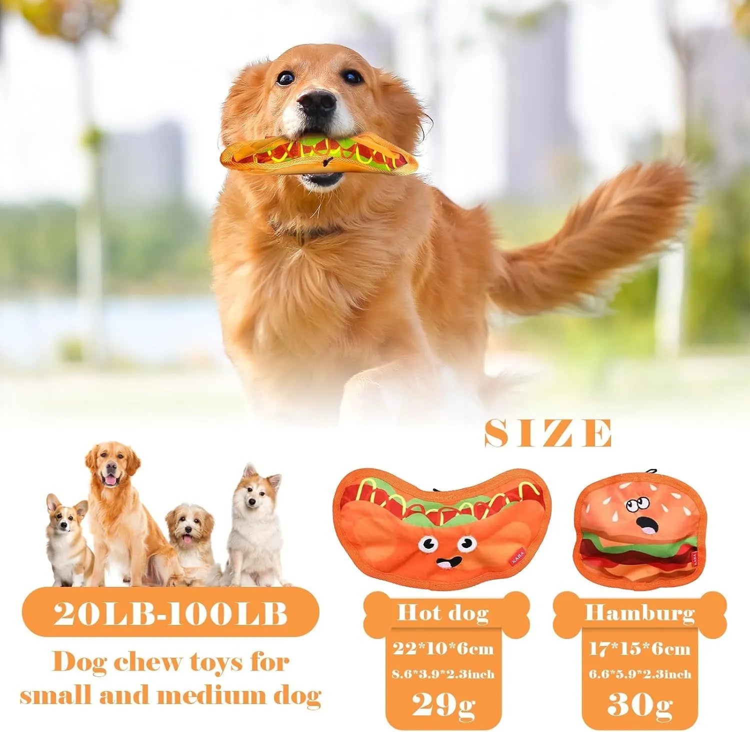 Food-shaped dog chew toys with crinkle and squeaker features including burger, fries, hot dog and pizza designs