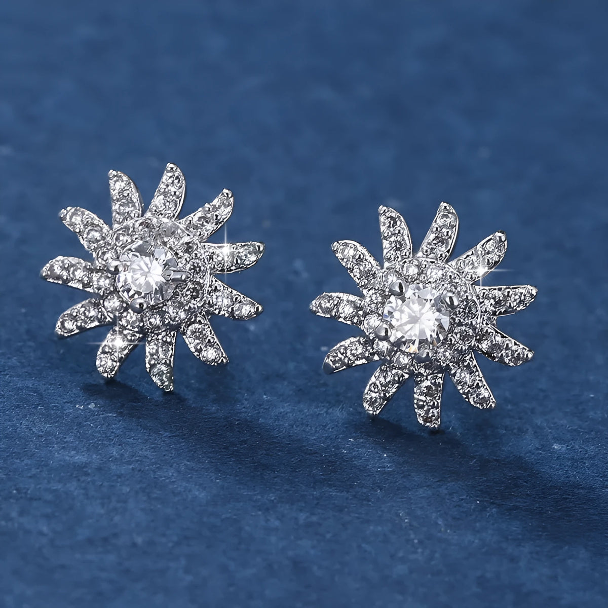 SUNFLOWER advanced ear studs in gold white and platinum white with zircon mosaic on copper base