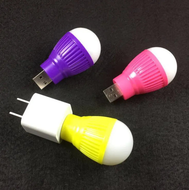 Mini USB night light with ABS plastic shade and metal lamp holder, low power LED, random colour, on desk near laptop