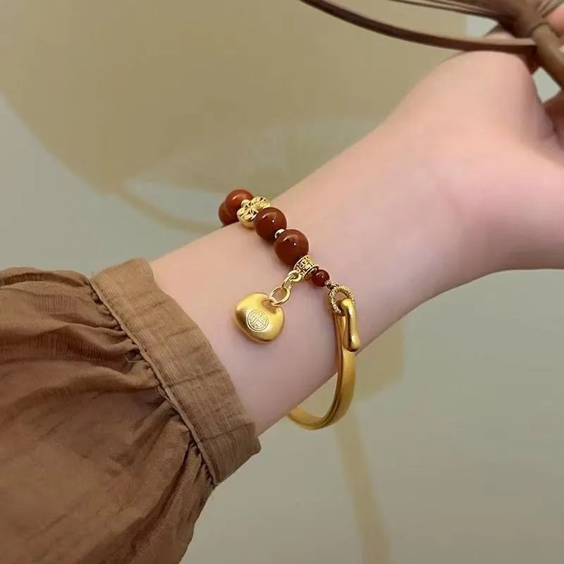 Golden South Red agate character ingot bracelet women's antique style accessory with manual craftsmanship