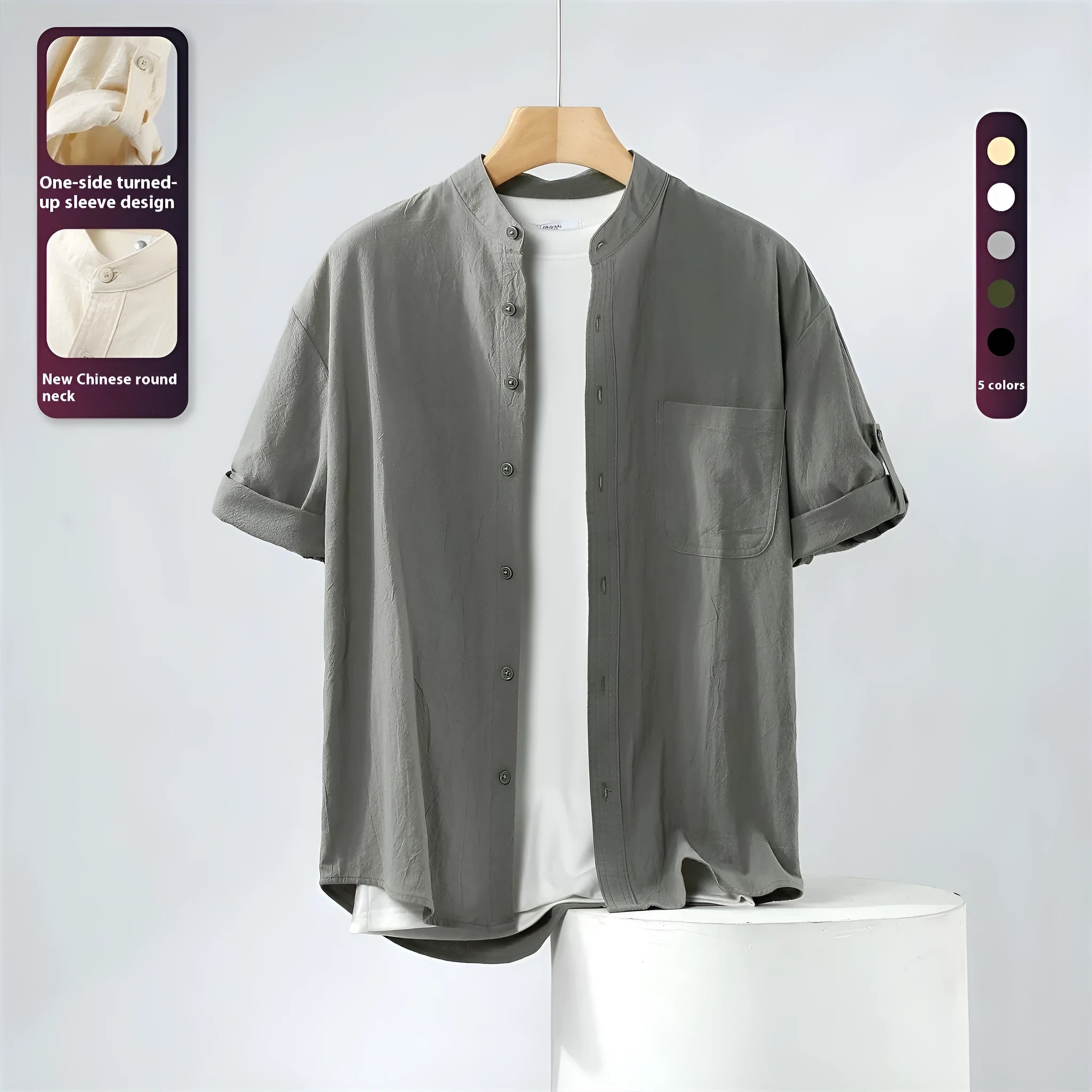 Men's loose-fit short-sleeve linen shirt in a solid colour with a stand collar.