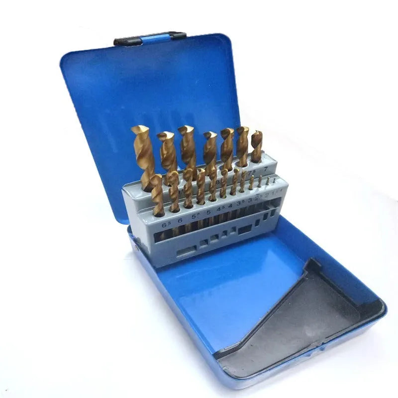 19 25-piece set of high-speed steel twist drill bits with round shank and 118-degree point for wood and metal drilling