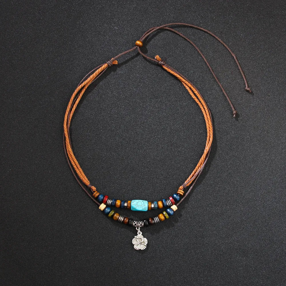 Men's wooden bead necklace with turquoise wax rope and geometric alloy pendant featuring flower details