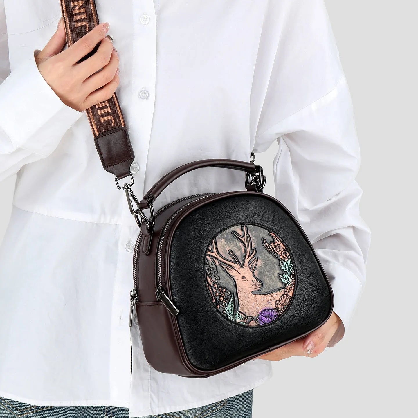 Retro embossing large capacity women's handbag with chain and plaid, horizontal square shape, black colour option