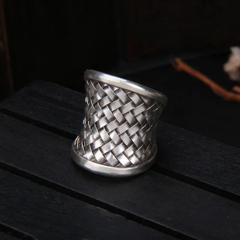 Geometric open ring for women in glossy electroplated silver tone on copper, adjustable band