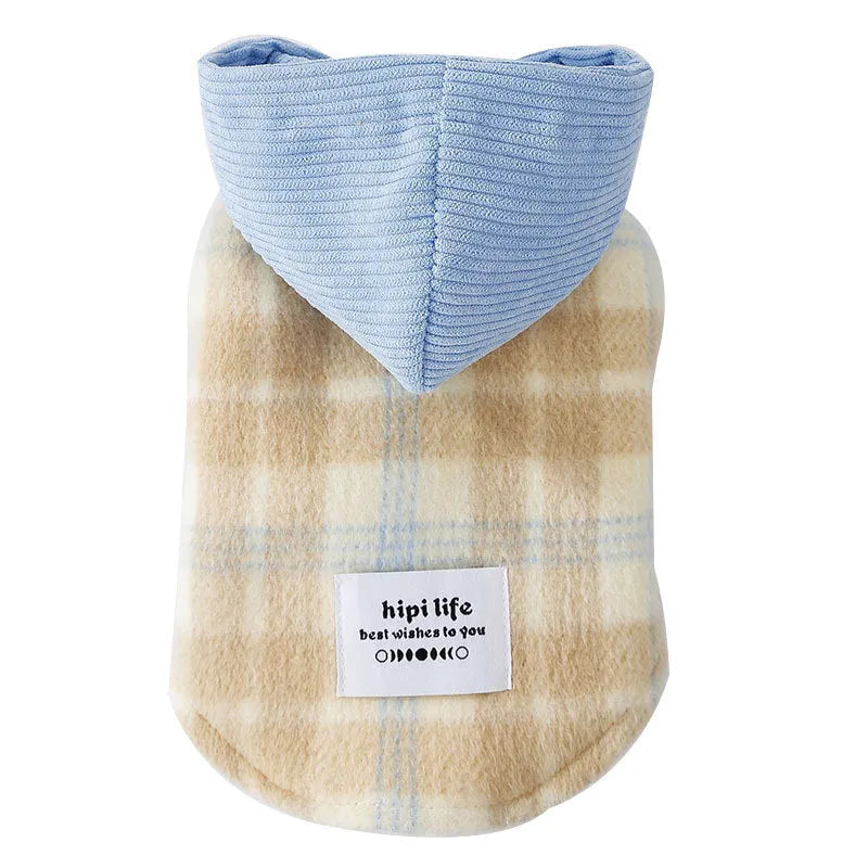 Chessboard grid pattern hooded corduroy dog traction vest in blue or yellow