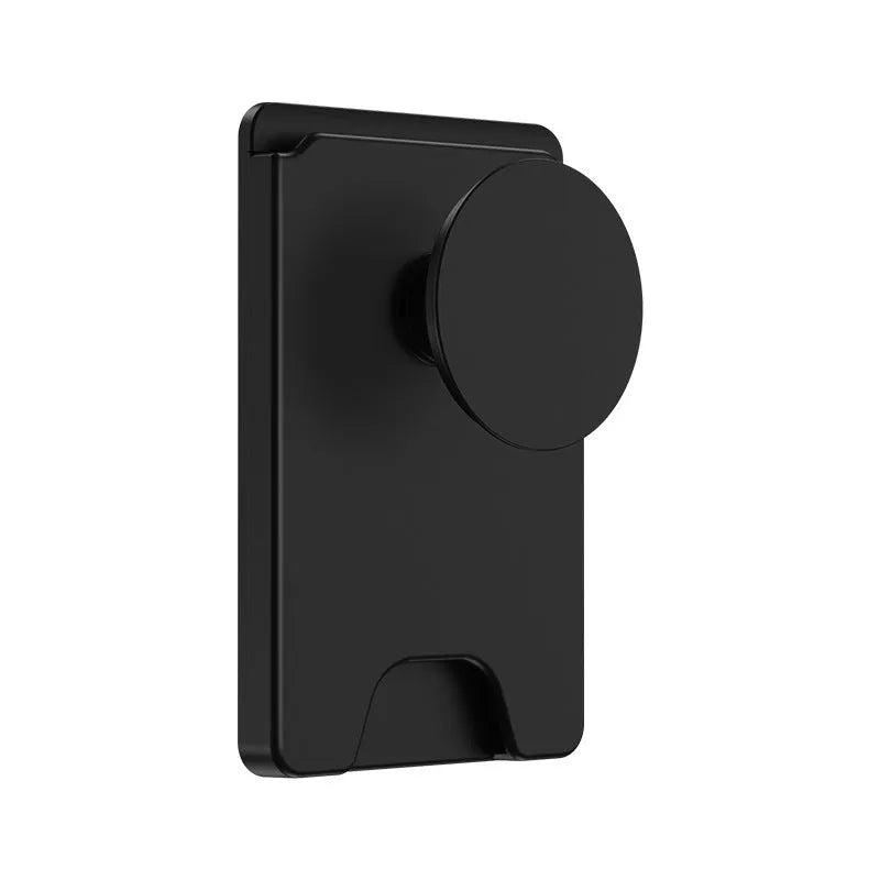 Black minimalist magnetic suction desk holder with an Apple iPhone attached.