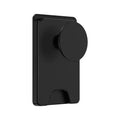 Black minimalist magnetic suction desk holder with an Apple iPhone attached.