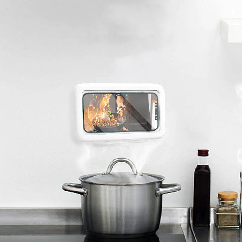 White waterproof phone holder mounted on tile with phone inside showing touch screen and anti-fog window.
