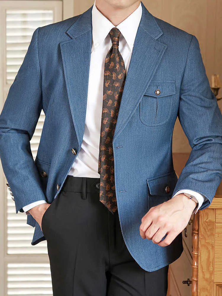 Men's anti-wrinkle easy-care suit jacket in blue polyester viscose blend with flat lapel and double slit back