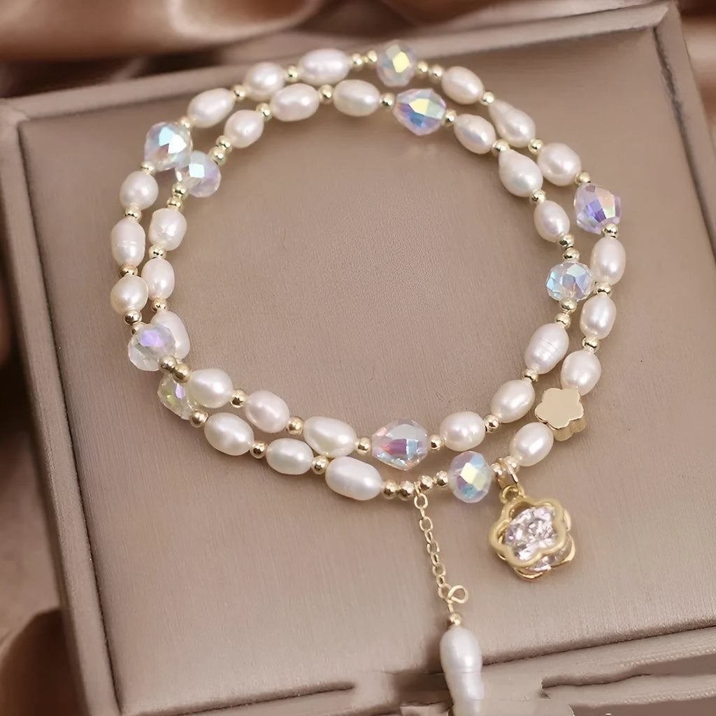 Pearl cherry blossom bracelet double-layer with flower pendant for women light luxury jewellery