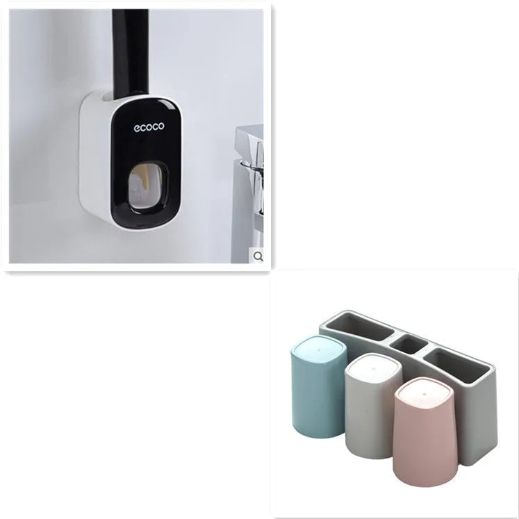 Wall mounted automatic toothpaste dispenser and toothbrush holder set with suction cup mounting