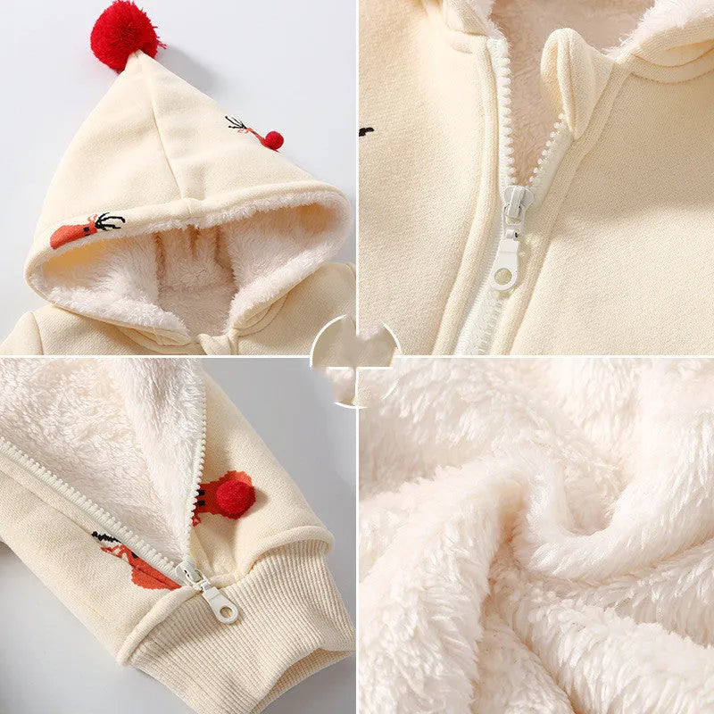 Khaki coloured padded baby one-piece suit with a Christmas moose print, shown on a hanger.