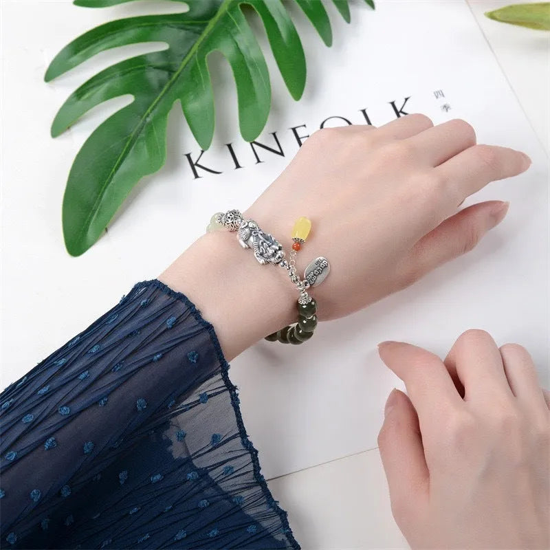 Pure silver retro coin bracelet with genuine 8x7mm Hetian jade stones in natural colour