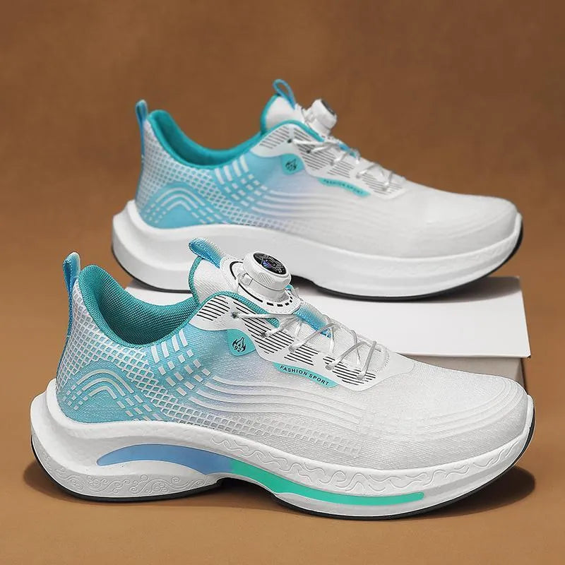 Men's white and blue low-top sneaker with mesh upper and a rotating buckle fastening.