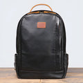 Black genuine leather top grain cowhide expandable travel backpack with curved shoulder strap