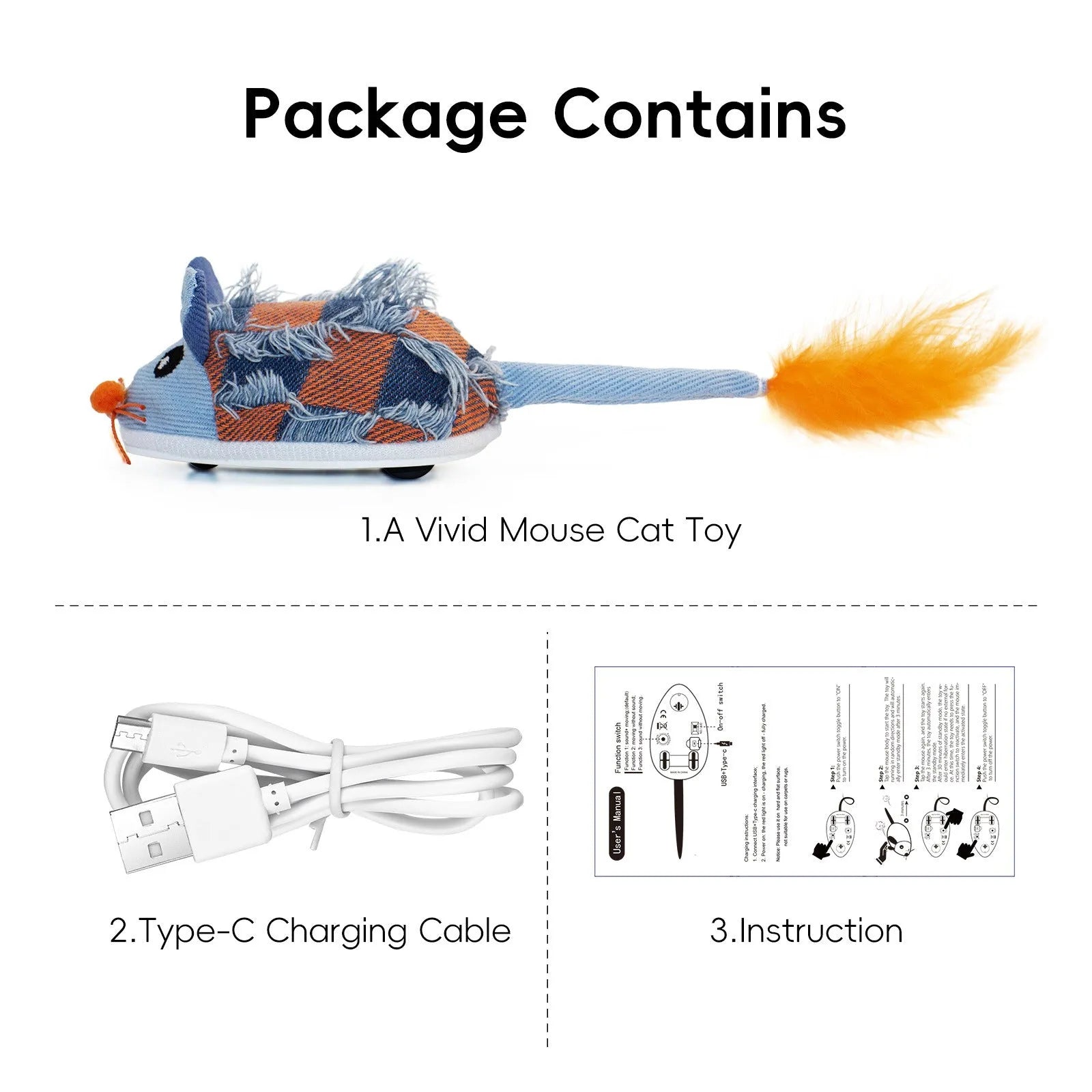 Electronic motion cat toy with moving mouse mechanism in blue or yellow colour, featuring detachable feathers and compact 18cm design