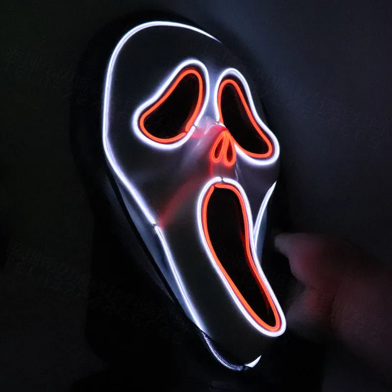 Halloween scary skull LED glowing screaming mask with white shell and ice blue light