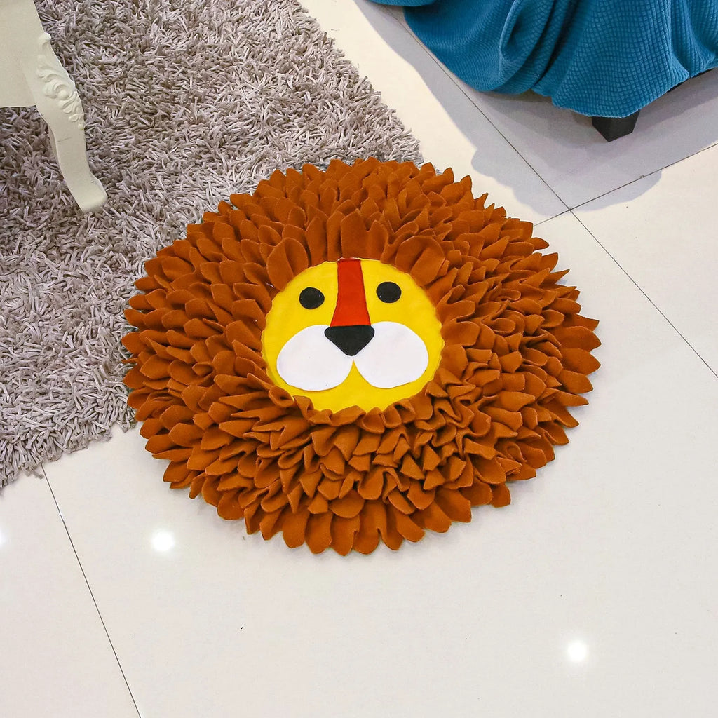 Brown lion-pattern fabric snuffle mat for dogs and cats with folds for hiding treats.