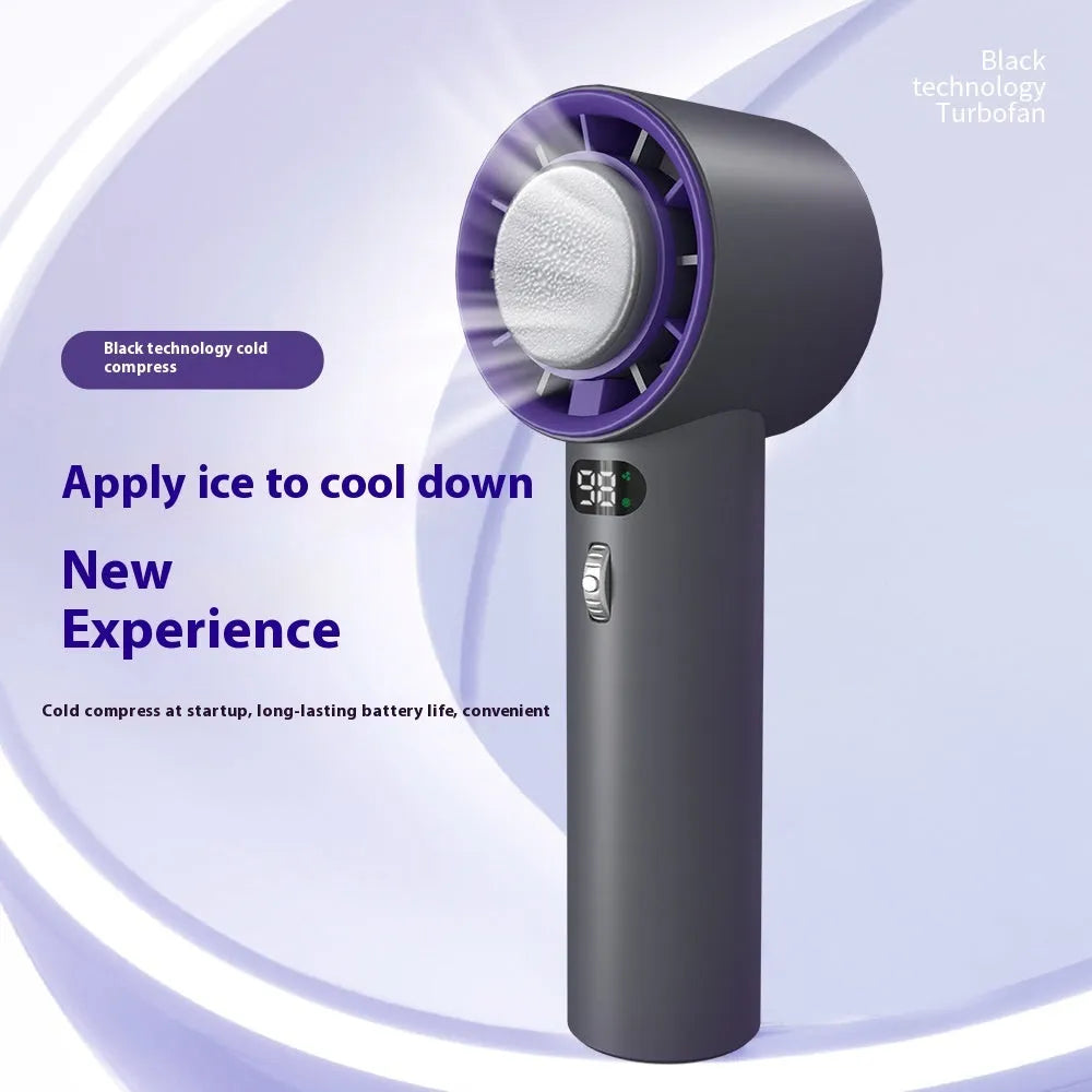 White handheld personal cooling fan showing turbine vent and adjustable controls.