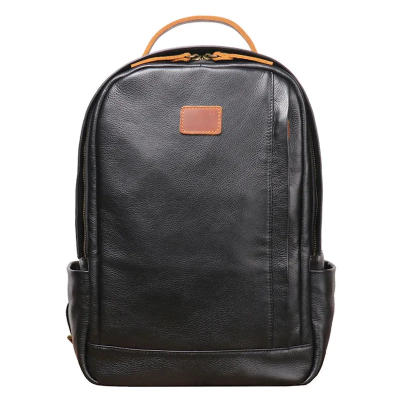 Black genuine leather top grain cowhide expandable travel backpack with curved shoulder strap