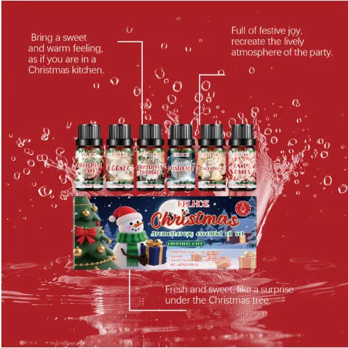 Six-bottle Christmas aromatherapy oil set with warm scent for home diffusers.