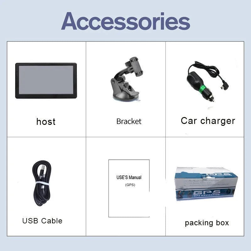 7 inch portable car GPS navigation device on dashboard with bracket and car charger
