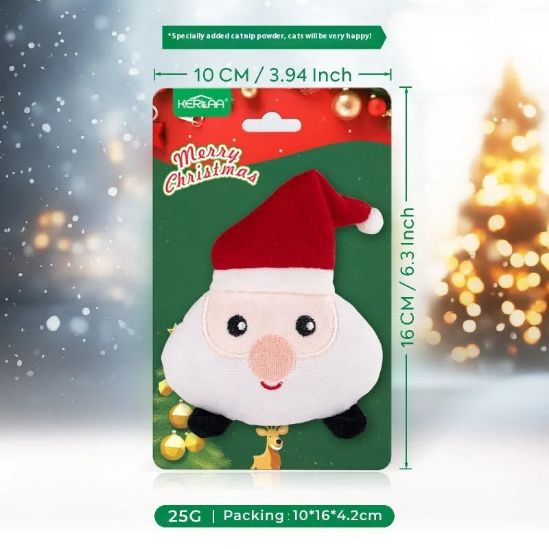 Christmas cat plush toy with catnip stuffing in festive designs including Santa Claus and Christmas Tree.