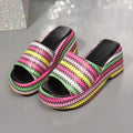 Women's beige wedge sandals with blue and pink wave print and thick rubber sole