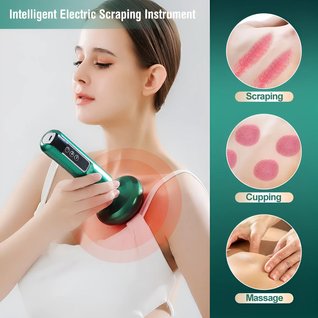 Green electric vacuum cupping massager with USB charger on a white background.