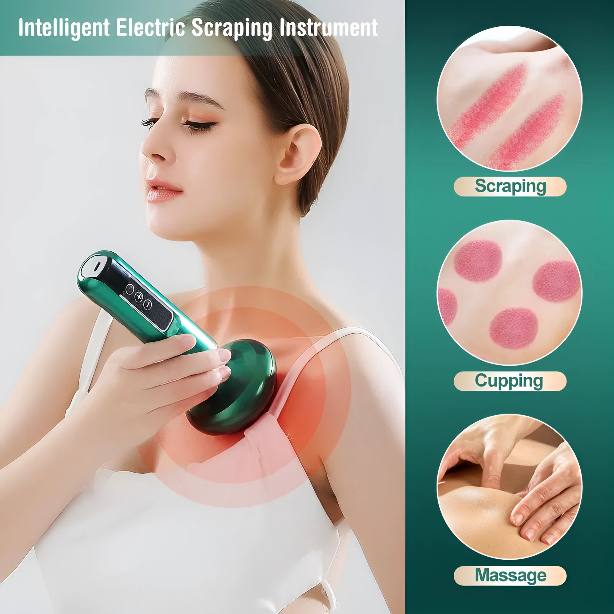 Green electric vacuum cupping massager with USB charger on a white background.