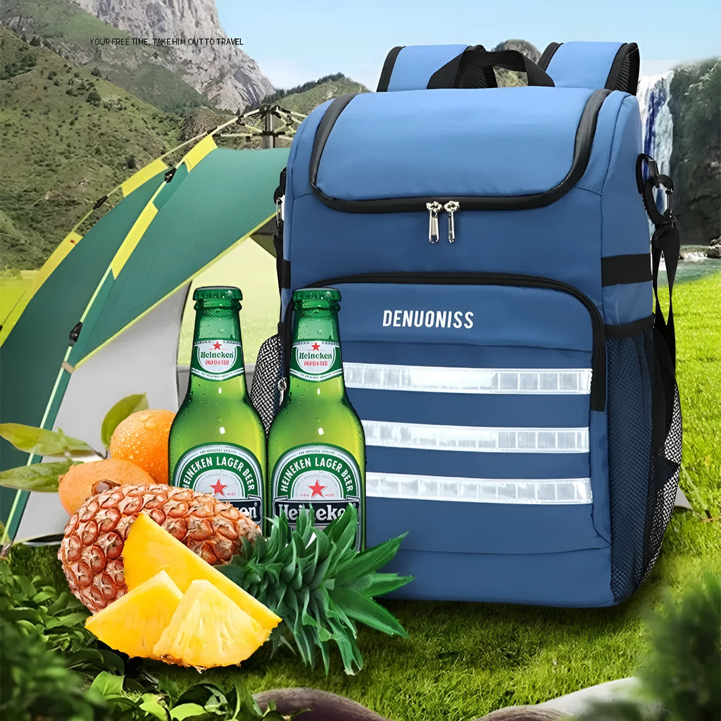 Cloth backpack with integrated bottle opener on shoulder strap, shown in available colours.