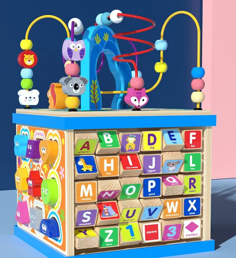 Blue wooden bead treasure box toy with four multifunctional play scenes for children aged 3+