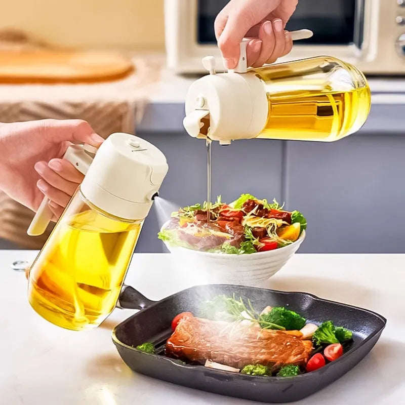 470ml glass oil sprayer dispenser with ergonomic handle in beige, black, green, or yellow colour