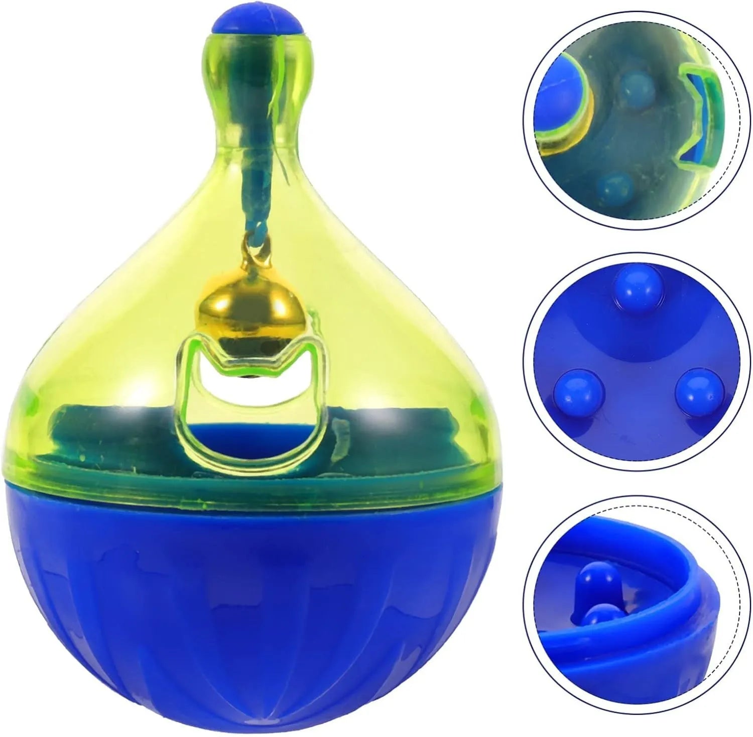 Blue and white durable plastic dog and cat treat dispenser puzzle ball toy.
