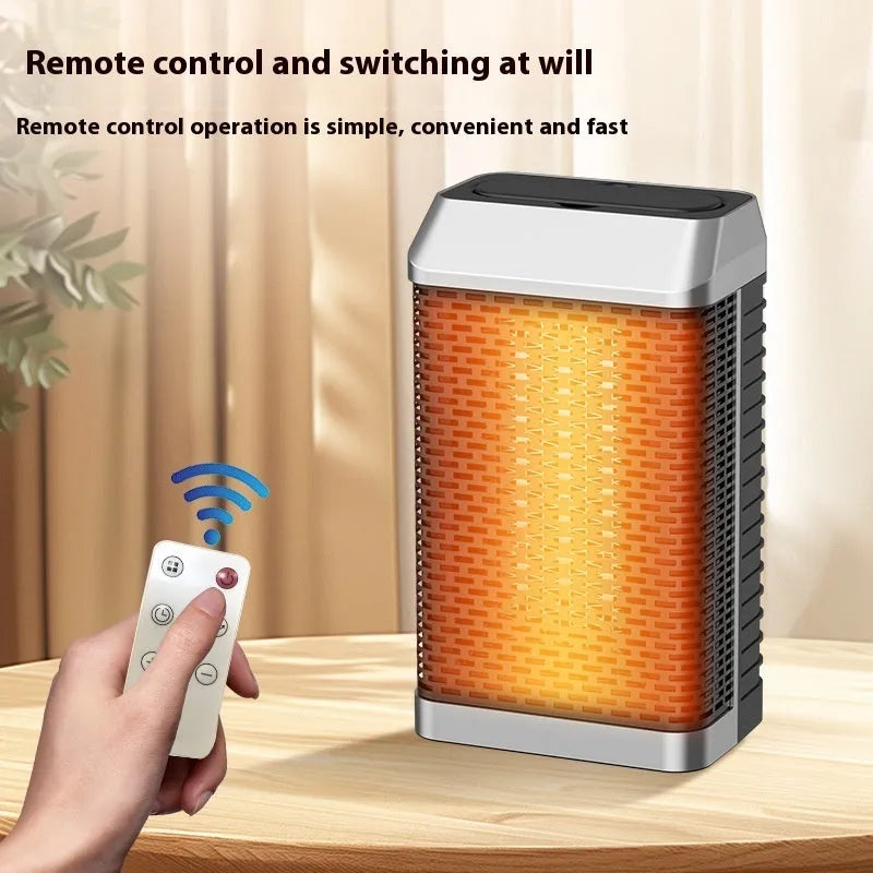 Black desktop smart heater with remote control on a wooden desk