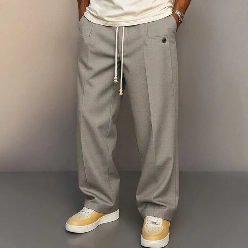 Casual straight leg drawstring pants in solid colour, polyester blend fabric, leisure wear