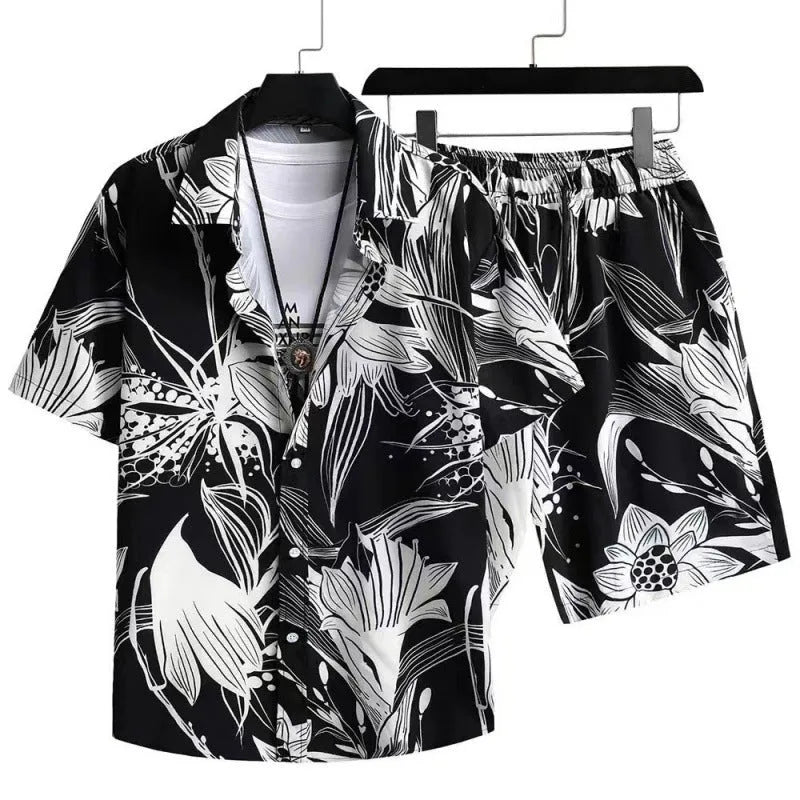 Men's short sleeve cardigan and matching shorts suit in a digital printed pattern.