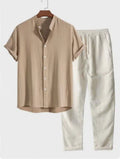 Men's loose fit linen casual suit set with short sleeve shirt and trousers in various colours