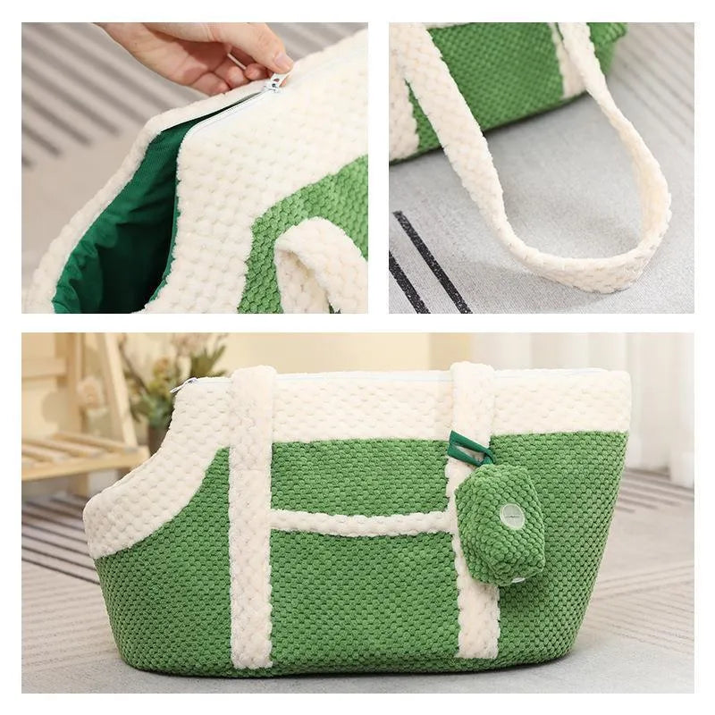 Short plush shoulder cat bag with cartoon pattern in green, red, or yellow colour options