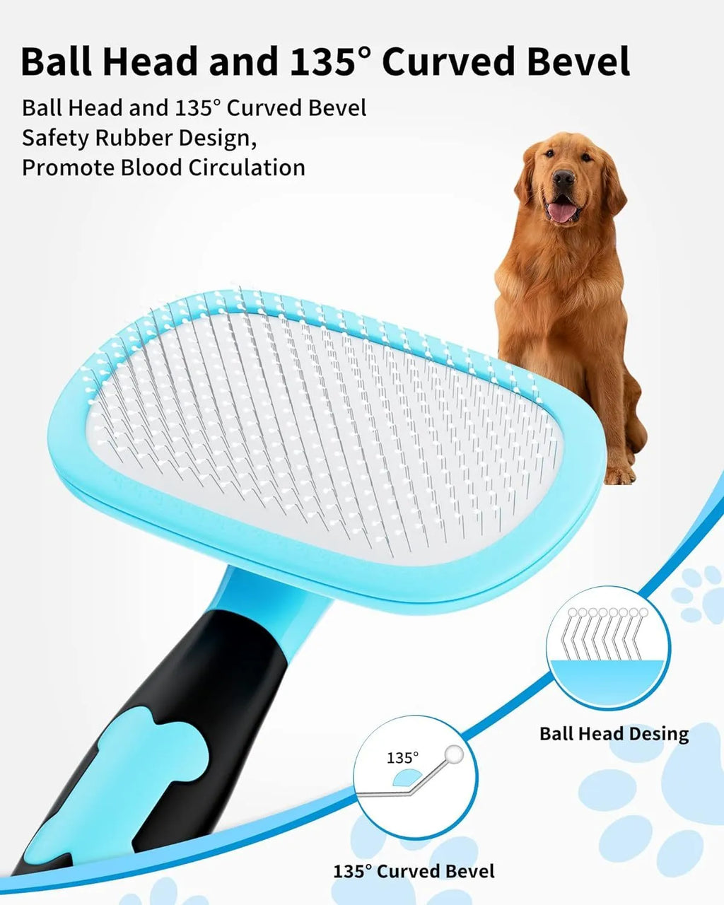 Blue large rectangular pet grooming brush with stainless steel bristles and rubber handle on white background