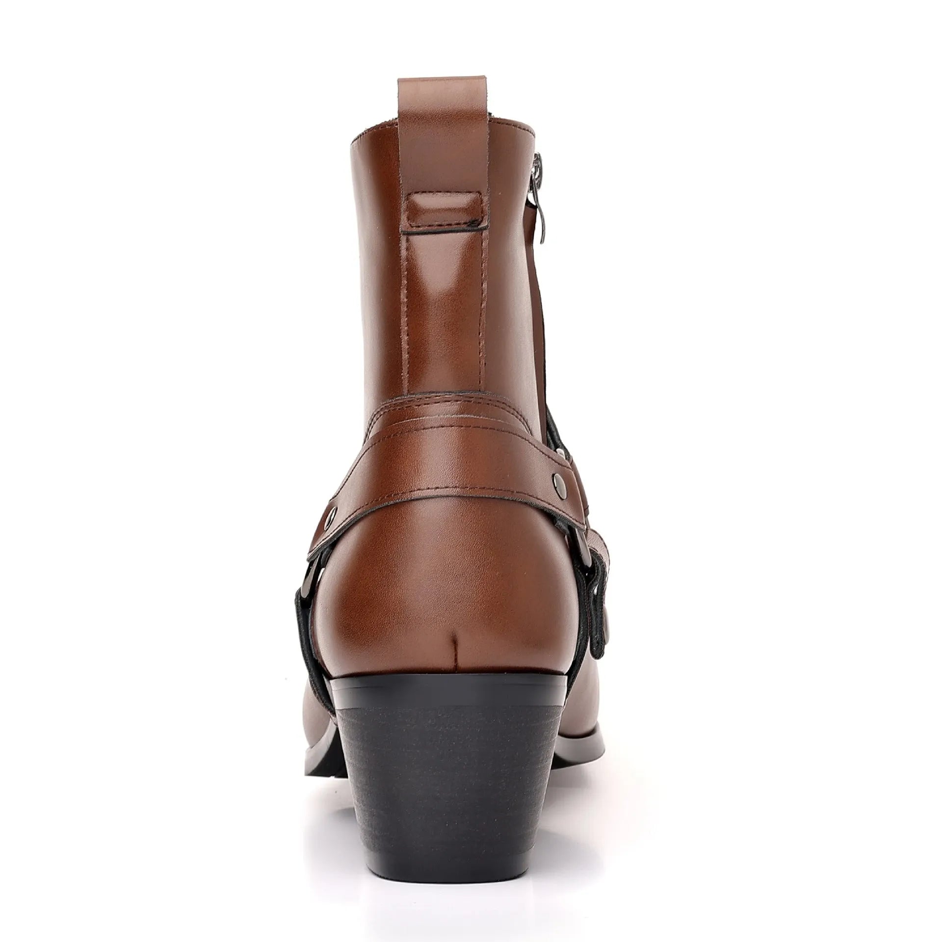 Unisex black ankle boots with side zipper, square toe, chain and rivet details on a horseshoe heel.