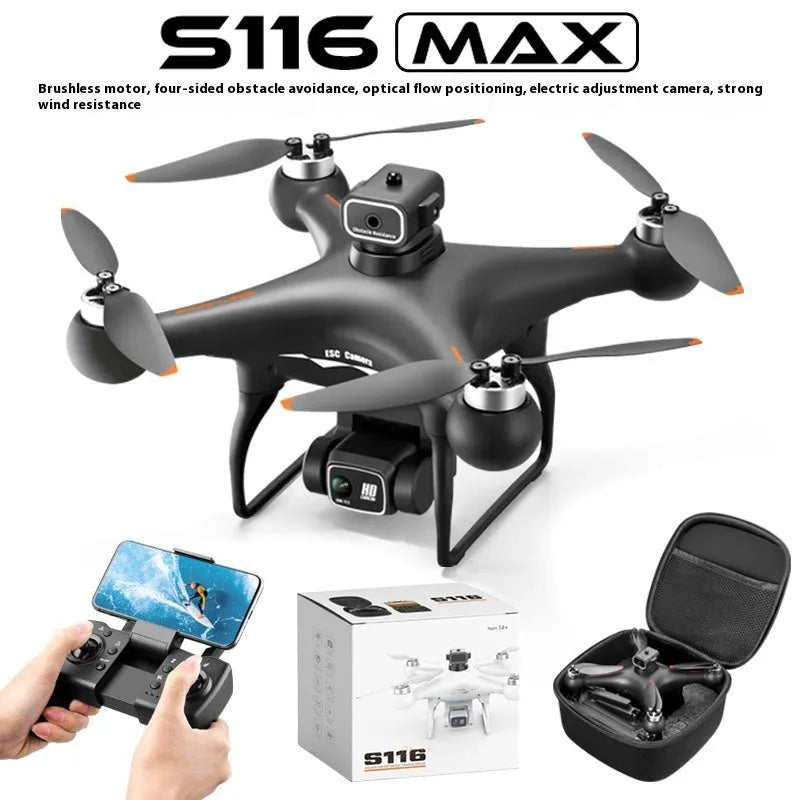Black HD plastic brushless UAV drone with four propellers on a white background.