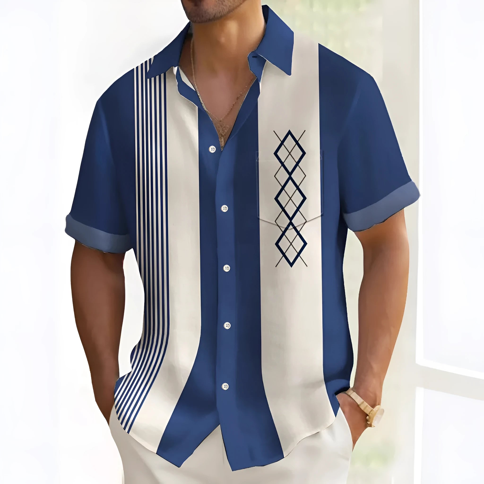 Men's multicolour printed polyester shirt with loose fit cardigan style