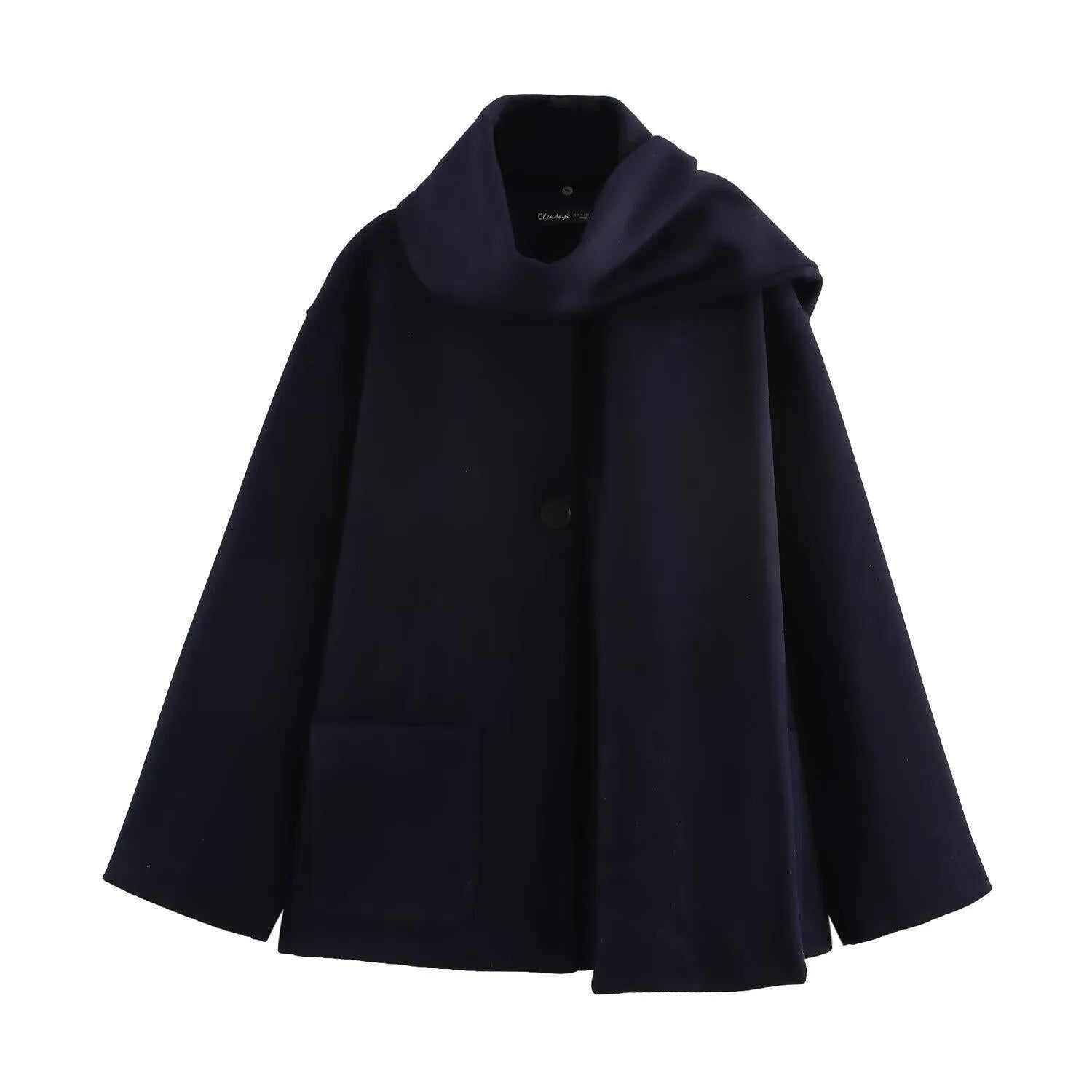 Women's long black polyester overcoat with a detachable artificial fur collar in a street fashion style.