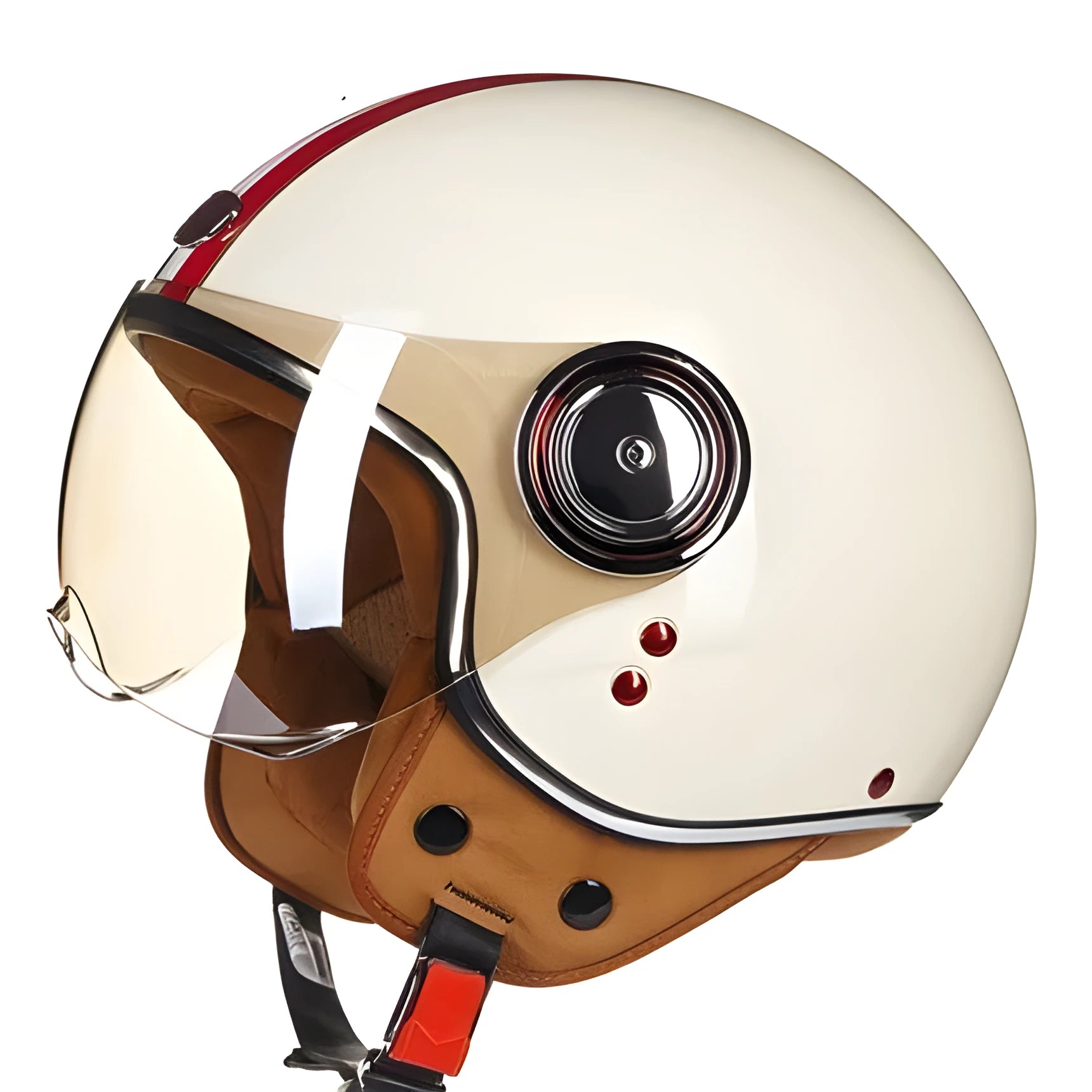 Scrambling motorcycle half helmet in white, red, or green with ABS plastic shell